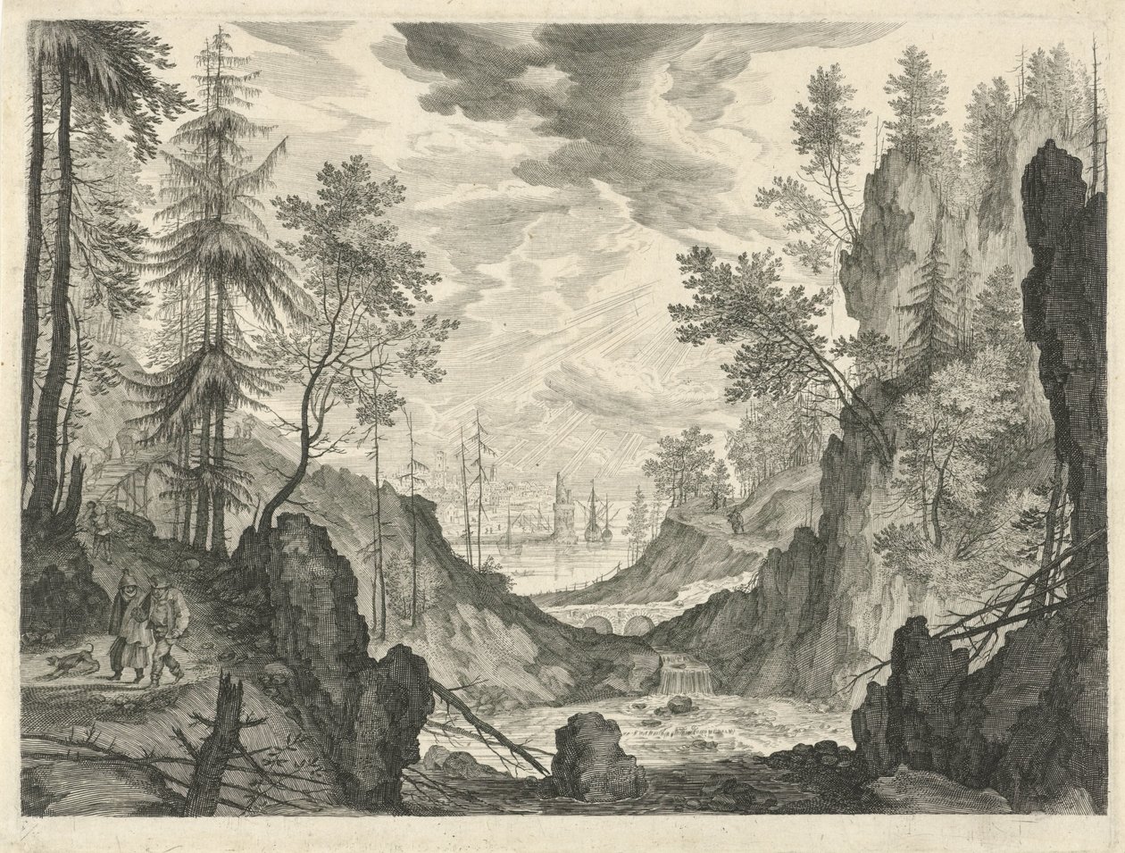 Skovlandskab med et vandfald Bjerglandskaber fra Tyrol (serietitel) af Egidius  Sadeler (II)
