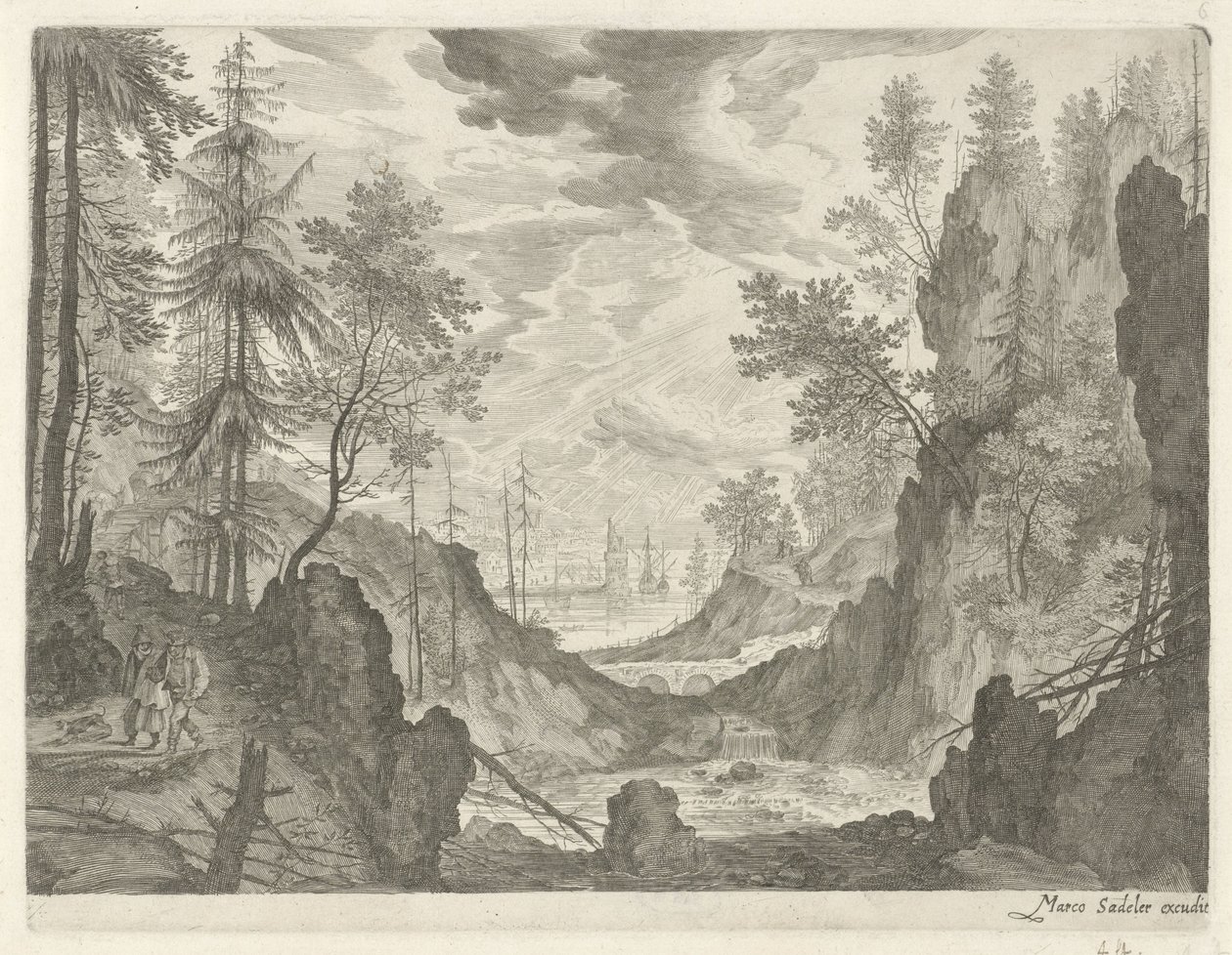 Skovlandskab med vandfald Bjerglandskaber fra Tyrol (serietitel) af Egidius  Sadeler (II)