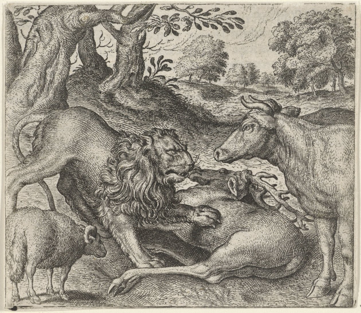 Fabel om løven, koen og fåret på jagt af Egidius  Sadeler (II)