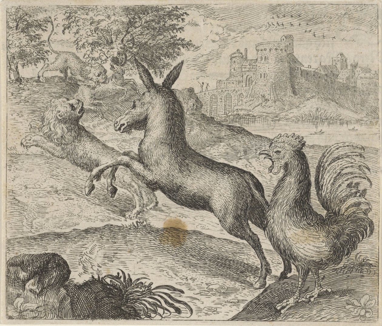 Fabel om løven, æselet og hanen af Egidius  Sadeler (II)