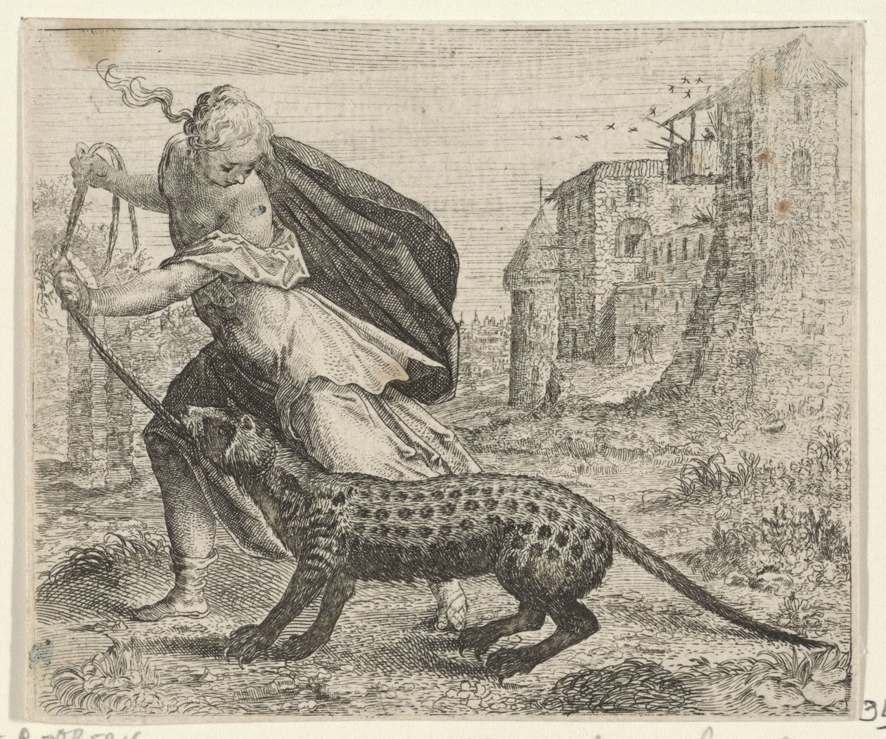 Fabel om kvinden med en civetkat af Egidius  Sadeler (II)