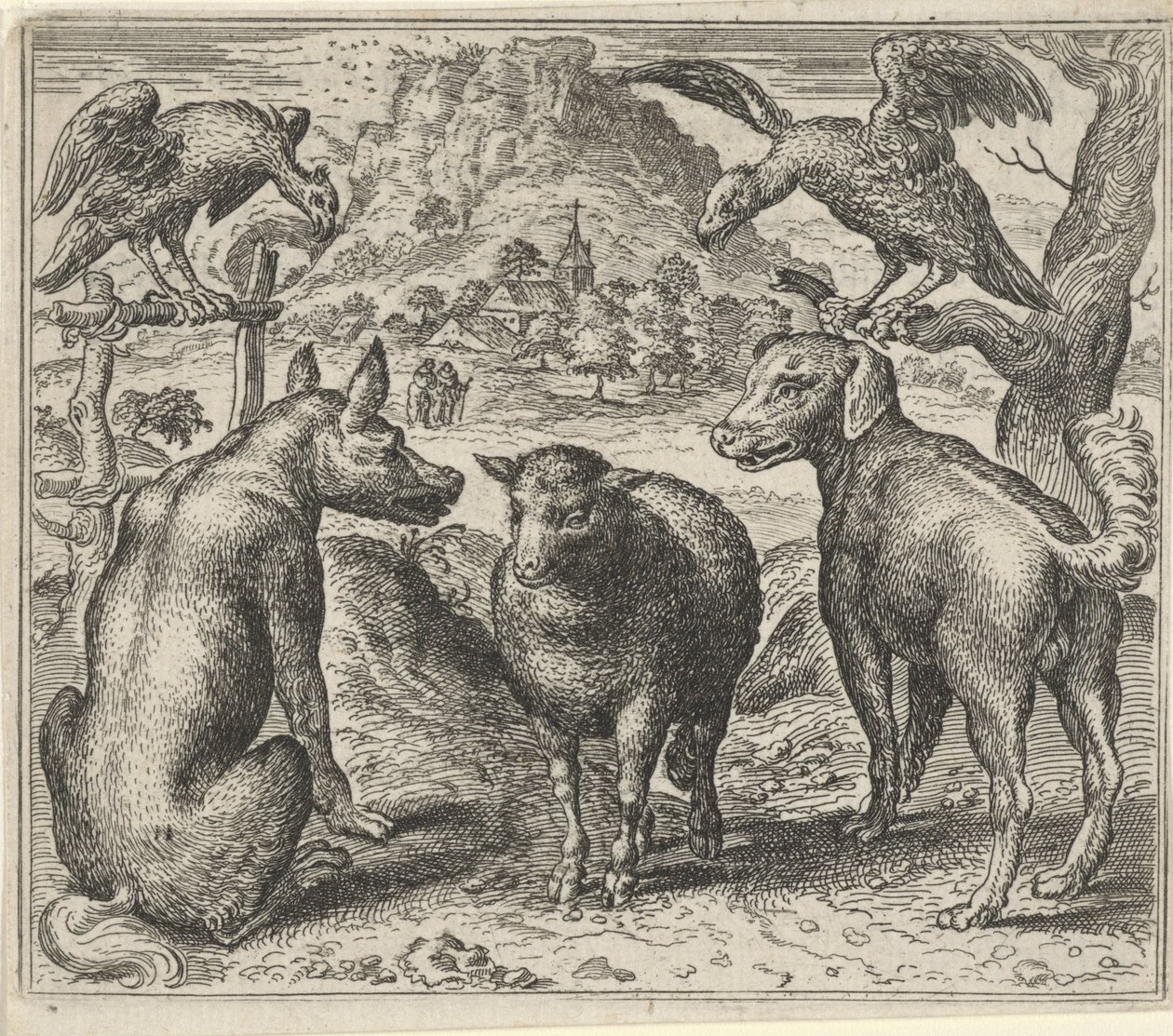 Fabel om ulven og hans retssag mod fårene af Egidius  Sadeler (II)