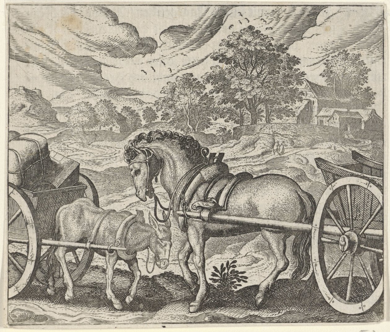 Fabel om den utilfredse hest og æsel af Egidius  Sadeler (II)
