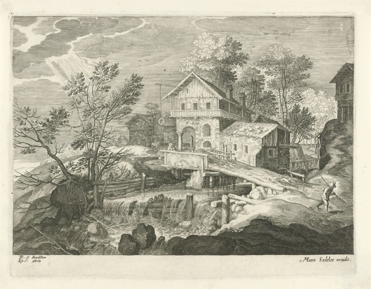 Kro og nogle huse ved en bro Landskaber fra Tyrol (serietitel) af Egidius  Sadeler (II)