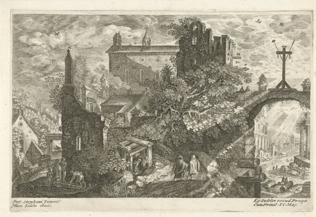 Trækors ved den gamle byport Otte landskaber fra Bøhmen (serietitel) af Egidius  Sadeler (II)
