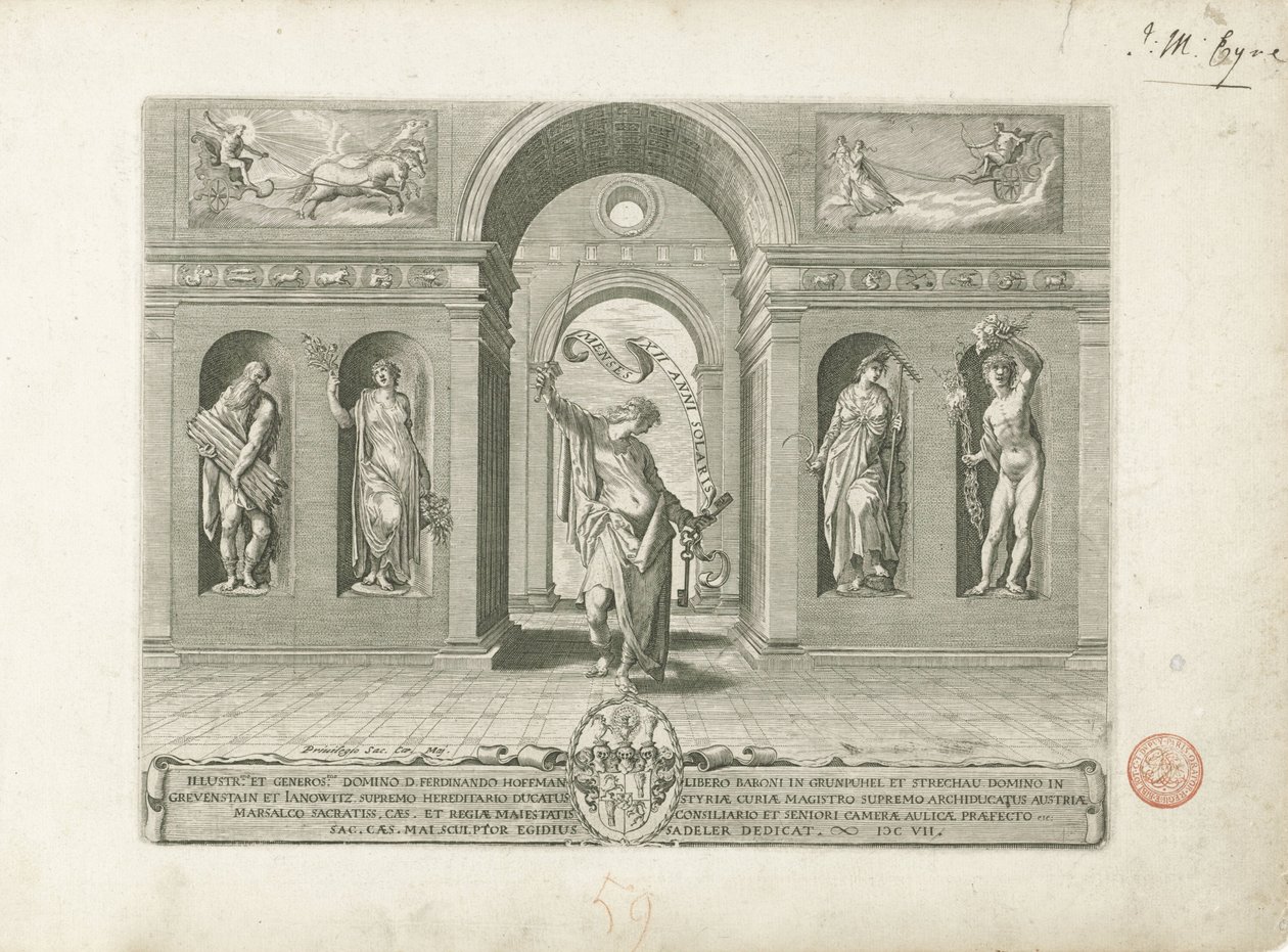 Janus og de fire årstider Titelbillede på en serie om de tolv måneder De tolv måneder (serietitel) af Egidius  Sadeler (II)