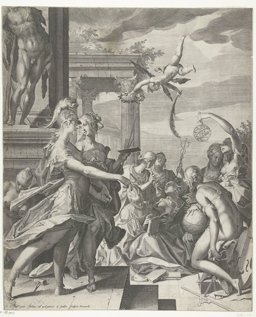 Minerva ledsager maleriet til dets plads med videnskaberne af Egidius  Sadeler (II)