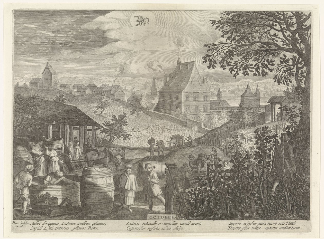 oktober (titel på objekt) De tolv måneder (serietitel) af Egidius  Sadeler (II)