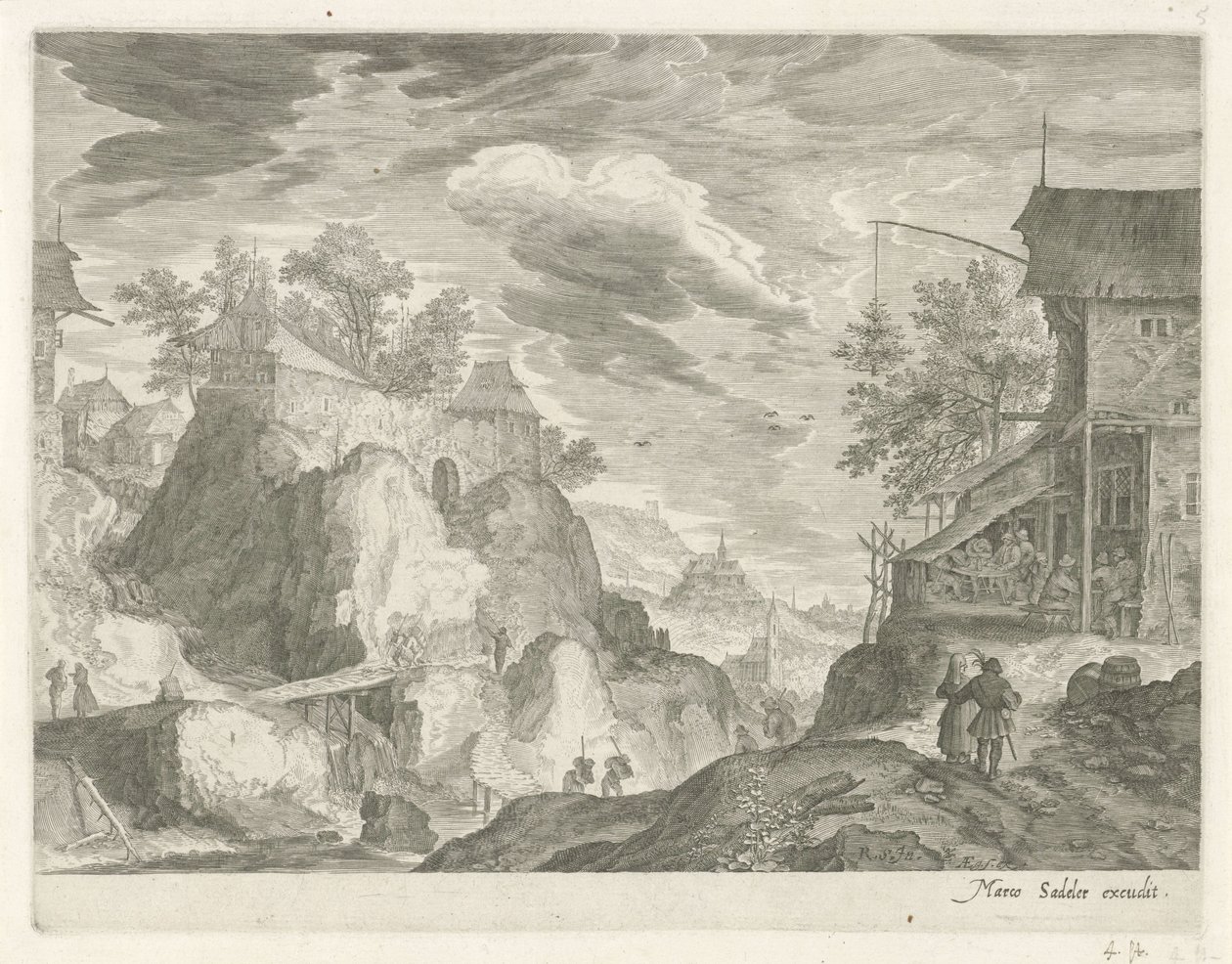 Klippelandskab med kro og huse Bjerglandskaber fra Tyrol (serietitel) af Egidius  Sadeler (II)