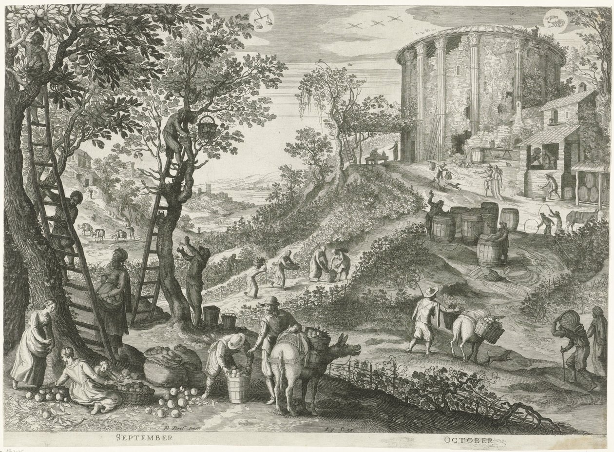 september og oktober De tolv måneder i seks italienske landskaber (serietitel) af Egidius  Sadeler (II)