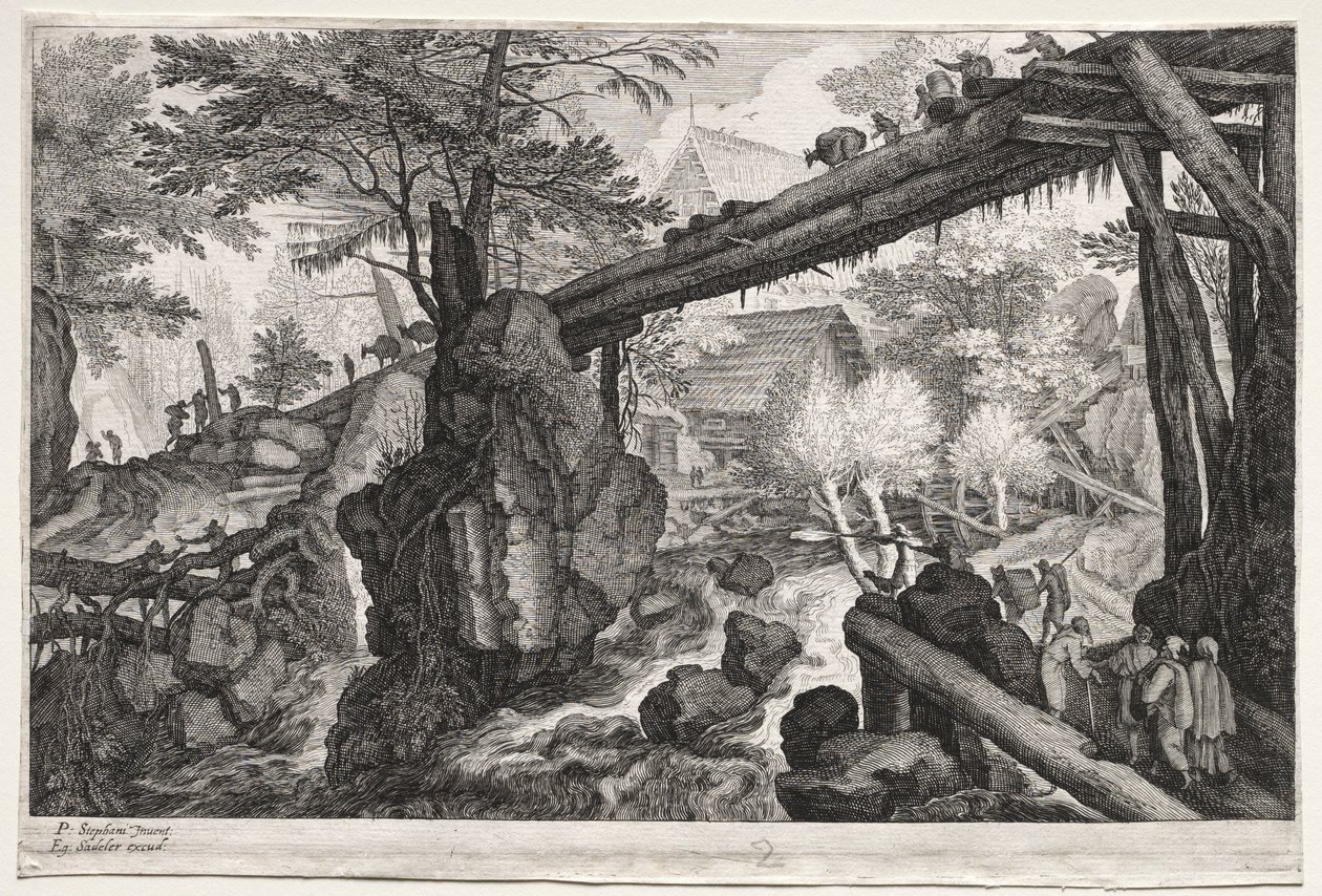 Otte bøhmiske landskaber: Landskab med logbro over grå stær, ca. 1610-1615. af Aegidius Sadeler or Saedeler