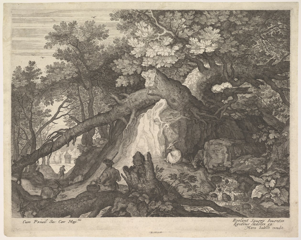 En mand, der holder en stav og sidder på en træstamme, med to geder til hver side, surro..., ca. 1600. af Aegidius Sadeler II