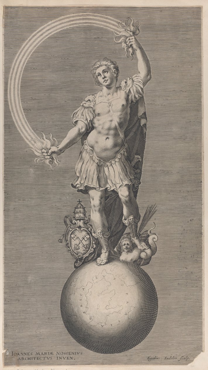 Allegorisk figur af en kriger stående på en jordklode med det pavelige våbenskjold a..., ca. 1588-1629. af Aegidius Sadeler II