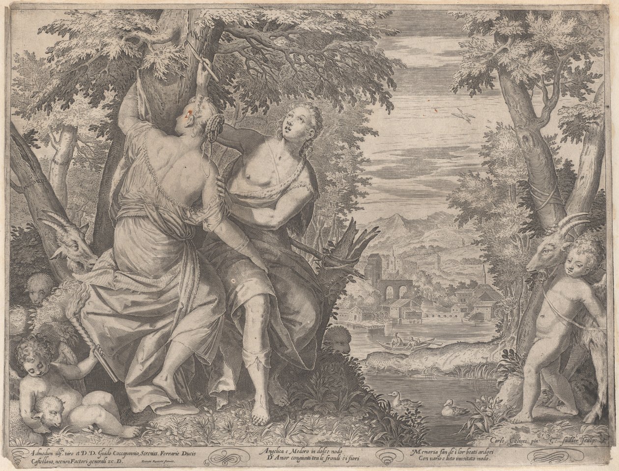 Angelica og Medoro, de står ved siden af et vandløb, mens Medoro skærer deres navne ind i en tr..., 1590-98. af Aegidius Sadeler II