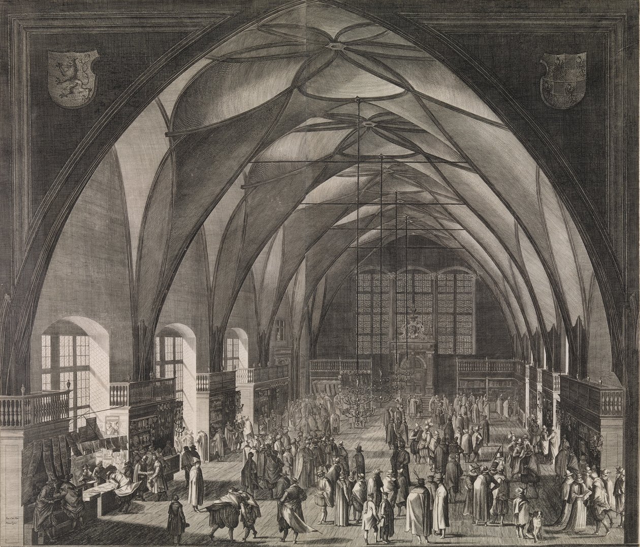 Indvendig udsigt over Vladislav Hall på Prags slot under den årlige messe, 1607., 1607. af Aegidius Sadeler II
