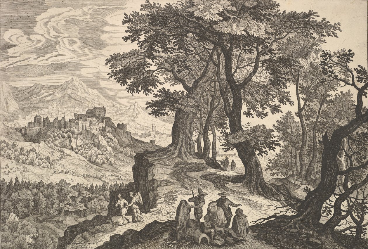 Landskab med Tobias og englen og sigøjnere. af Aegidius Sadeler II