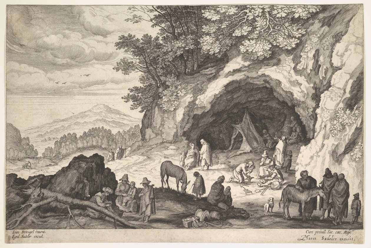 Bjerglandskab med en gruppe sigøjnere, 1586-1629. af Aegidius Sadeler II