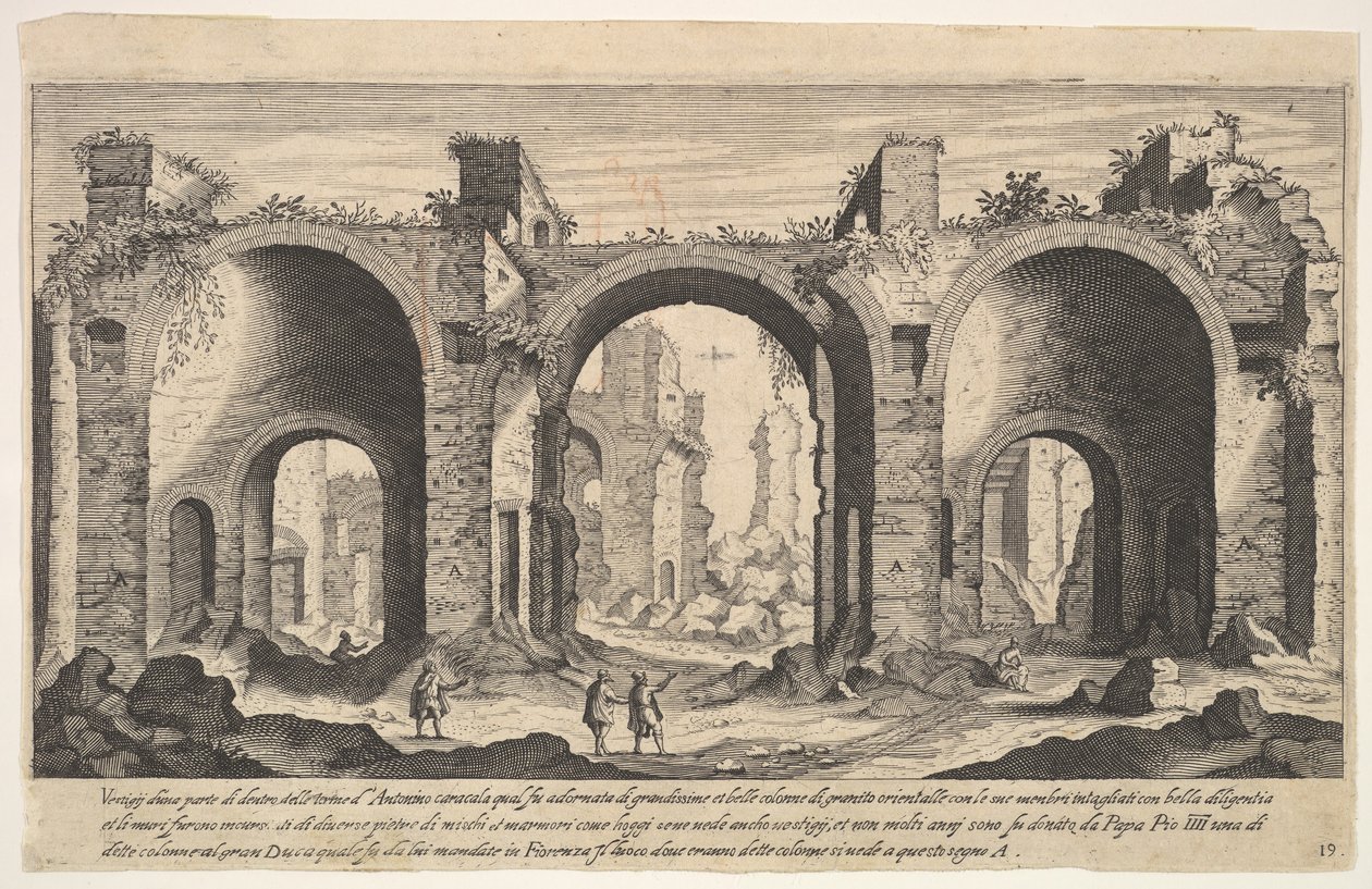 Tavle 19: udsigt over Caracalla-badene, der med indskrevet bogstav A angiver stederne ..., 1606. af Aegidius Sadeler II