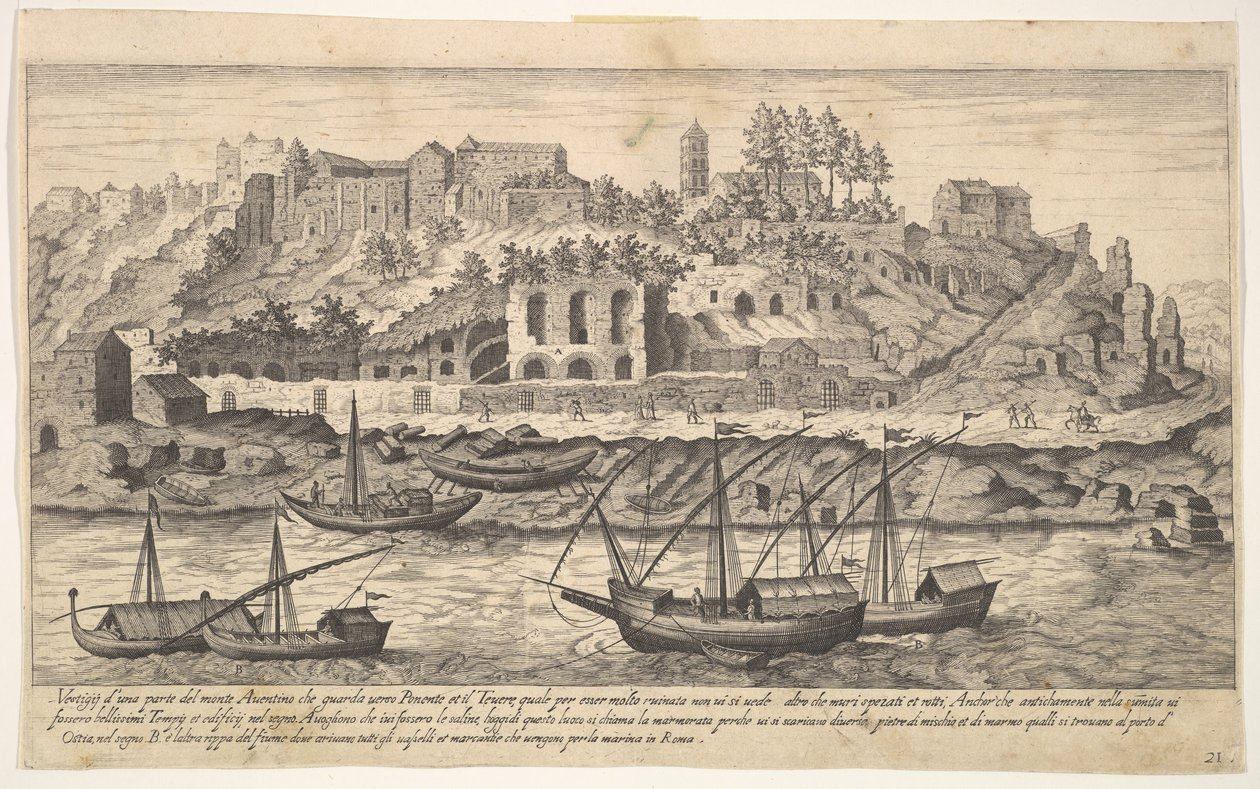 Plade 21: udsigt fra vest af ruinerne af Aventine Hill, Rom, med både på floden ..., 1606. af Aegidius Sadeler II