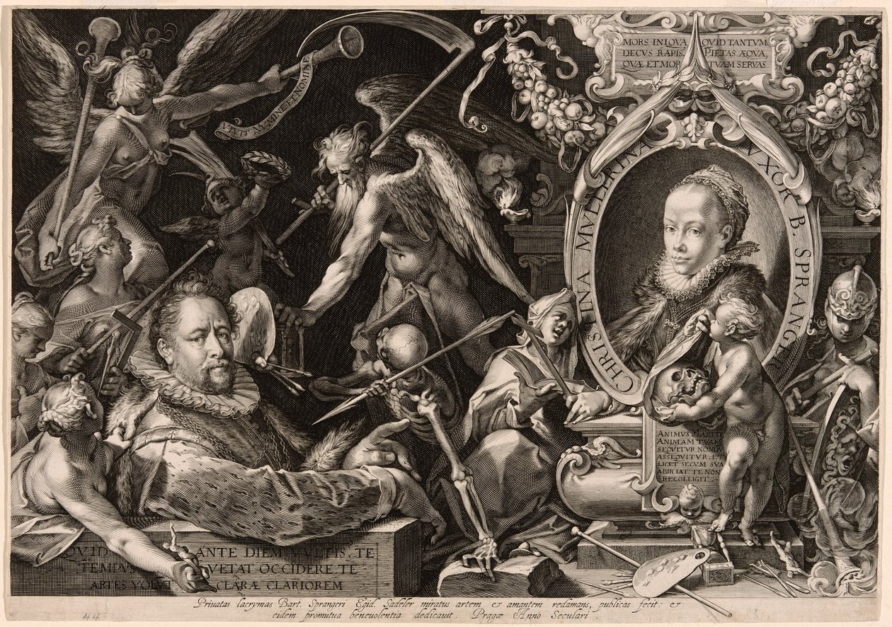 Portræt af Bartolomaeus Spranger med en allegori over hans hustrus død, Christina Müller af Aegidius Sadeler II