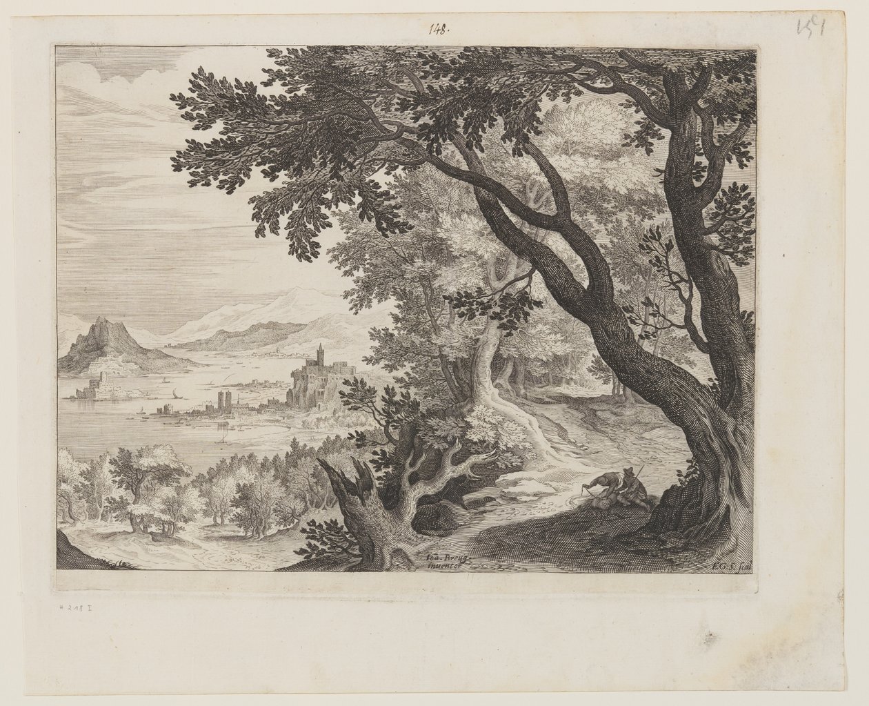 Flodlandskab med to mennesker, der sidder under et træ af Aegidius Sadeler II