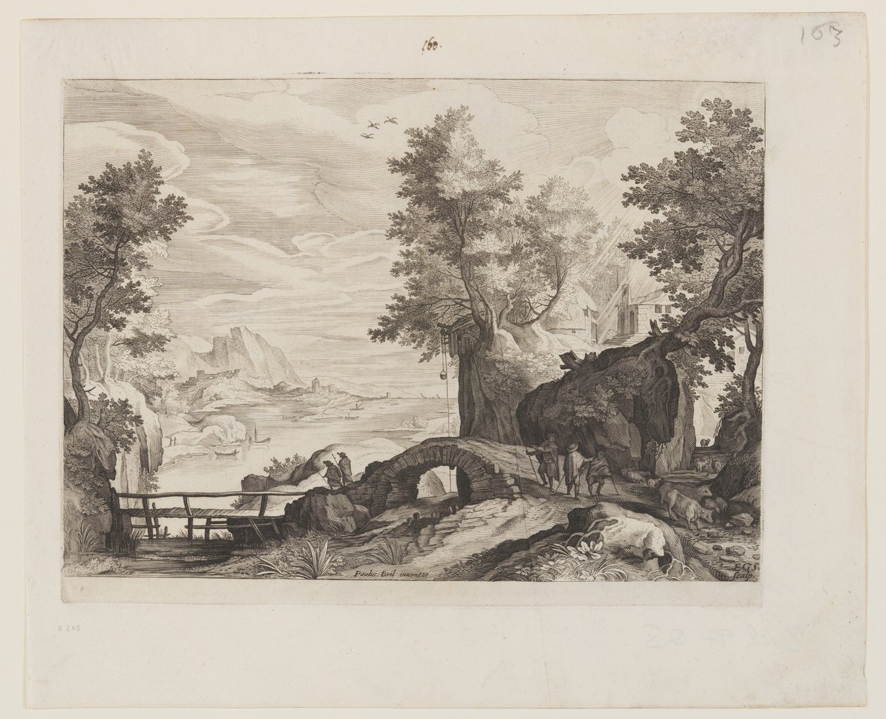 Flodlandskab med en stenbro og en træbro af Aegidius Sadeler II