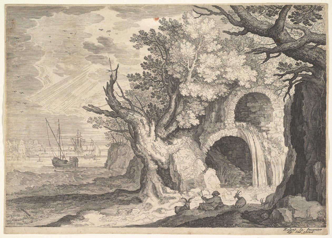 Ødelagt akvædukt med vand, der løber fra den til et vandløb nedenfor, skibe til søs hinsides, en ..., ca. 1600. af Aegidius Sadeler II