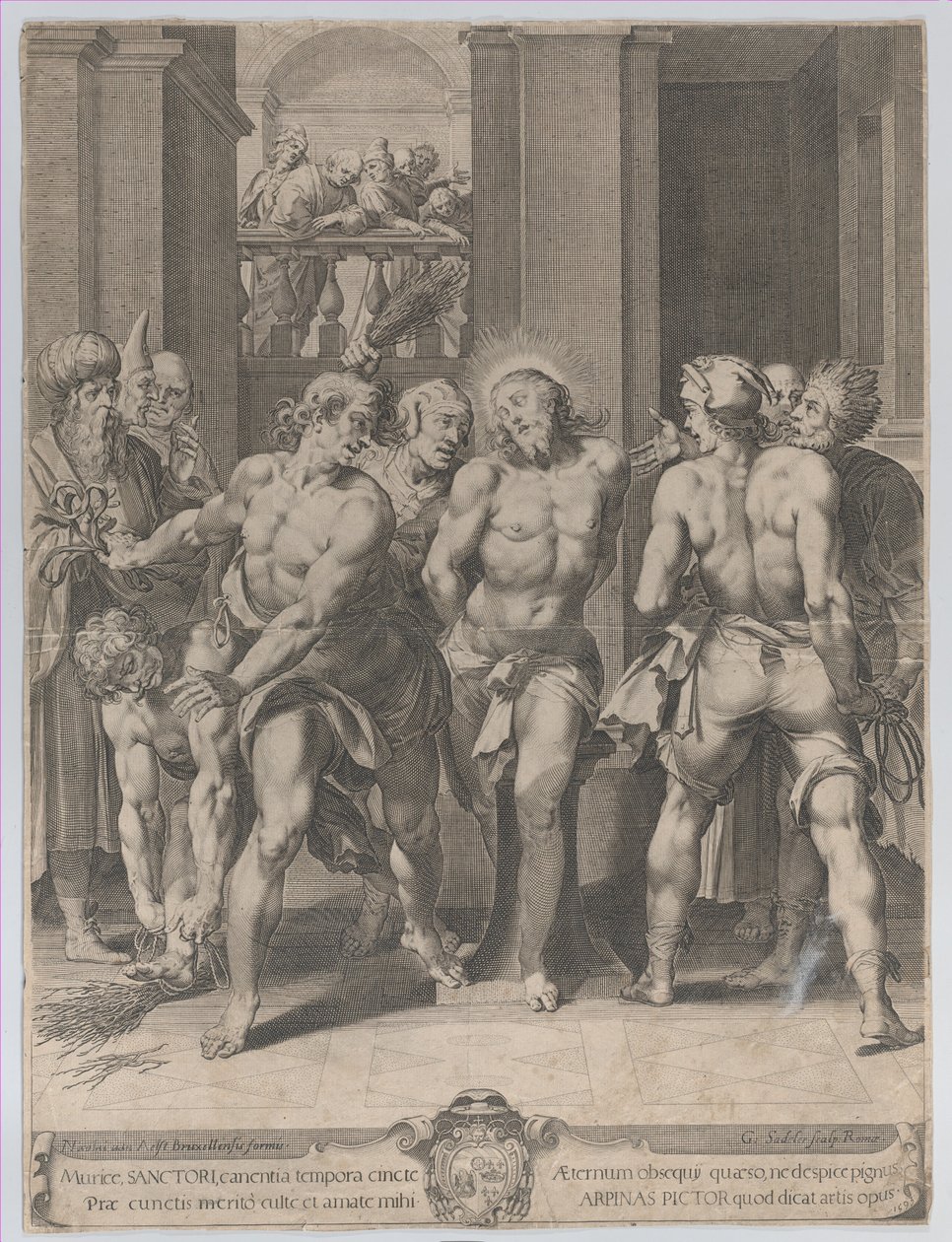 The flagellation of Christ, med floggers på hver side og skikkelser, der ser på fra en balco..., 1593. af Aegidius Sadeler II