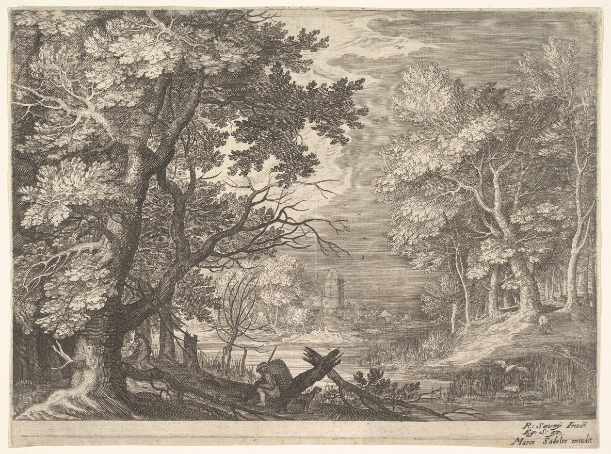 Skovscene med sumpede bredder, to mænd og en hund i profil til venstre, to-langhalset..., ca. 1600. af Aegidius Sadeler II
