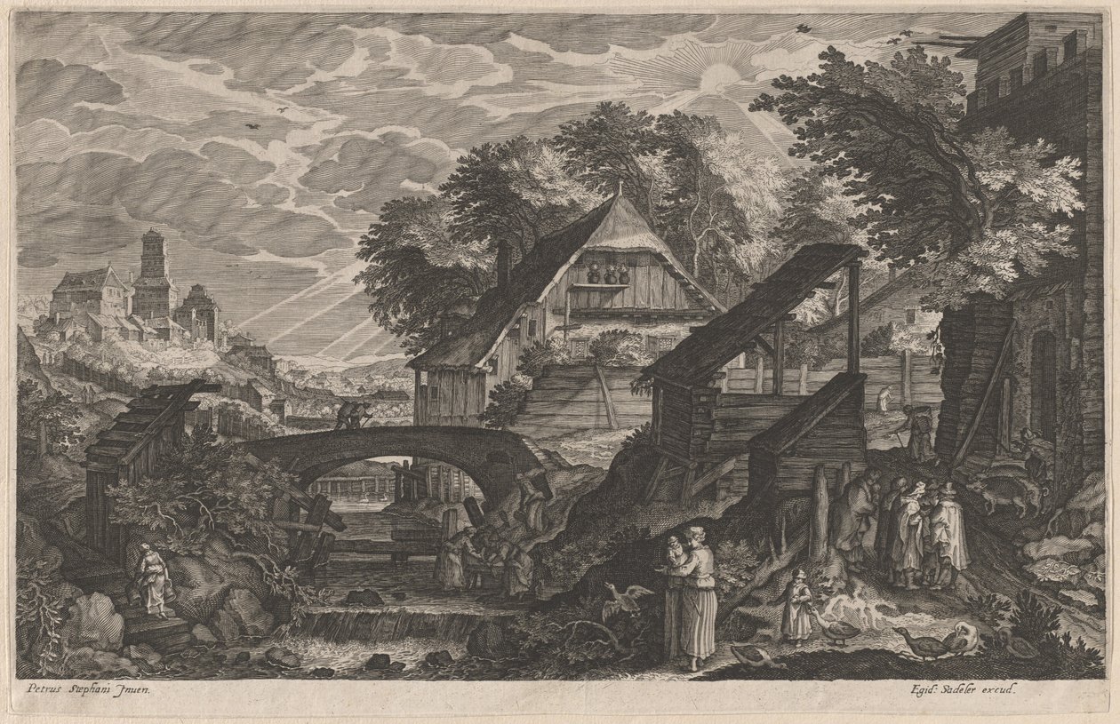 Bondegårde ved en flod med en by hinsides af Aegidius Sadeler II after Pieter Stevens