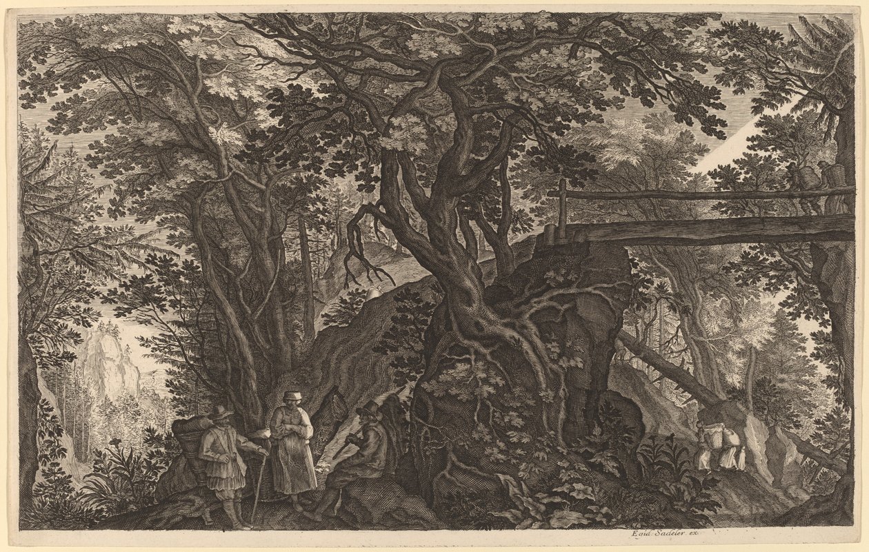 Skovlandskab med to mænd og en kvinde hvilende nær en bro af Aegidius Sadeler II after Pieter Stevens