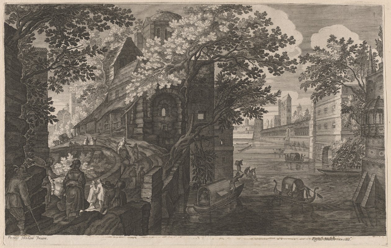 Gondoler på en flod ved et palads af Aegidius Sadeler II after Pieter Stevens
