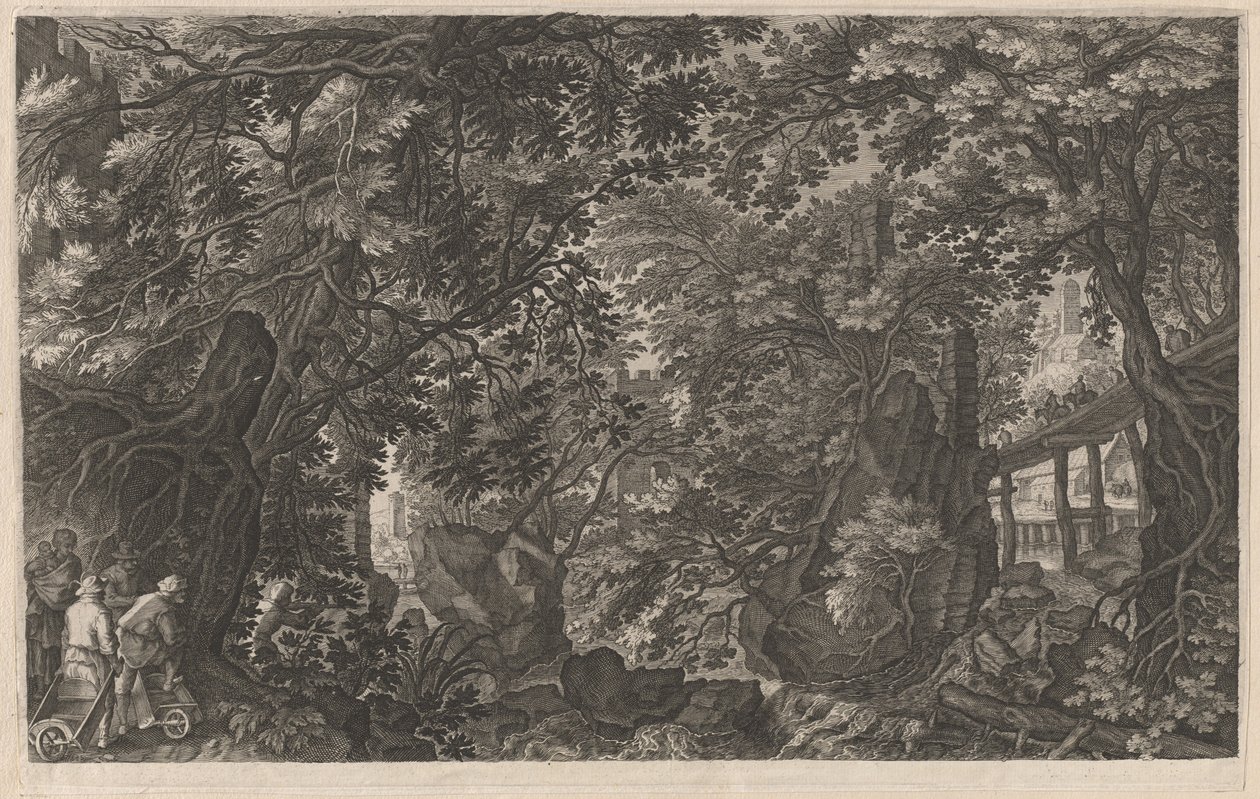 Jægere i en skov nær en træbro af Aegidius Sadeler II after Pieter Stevens