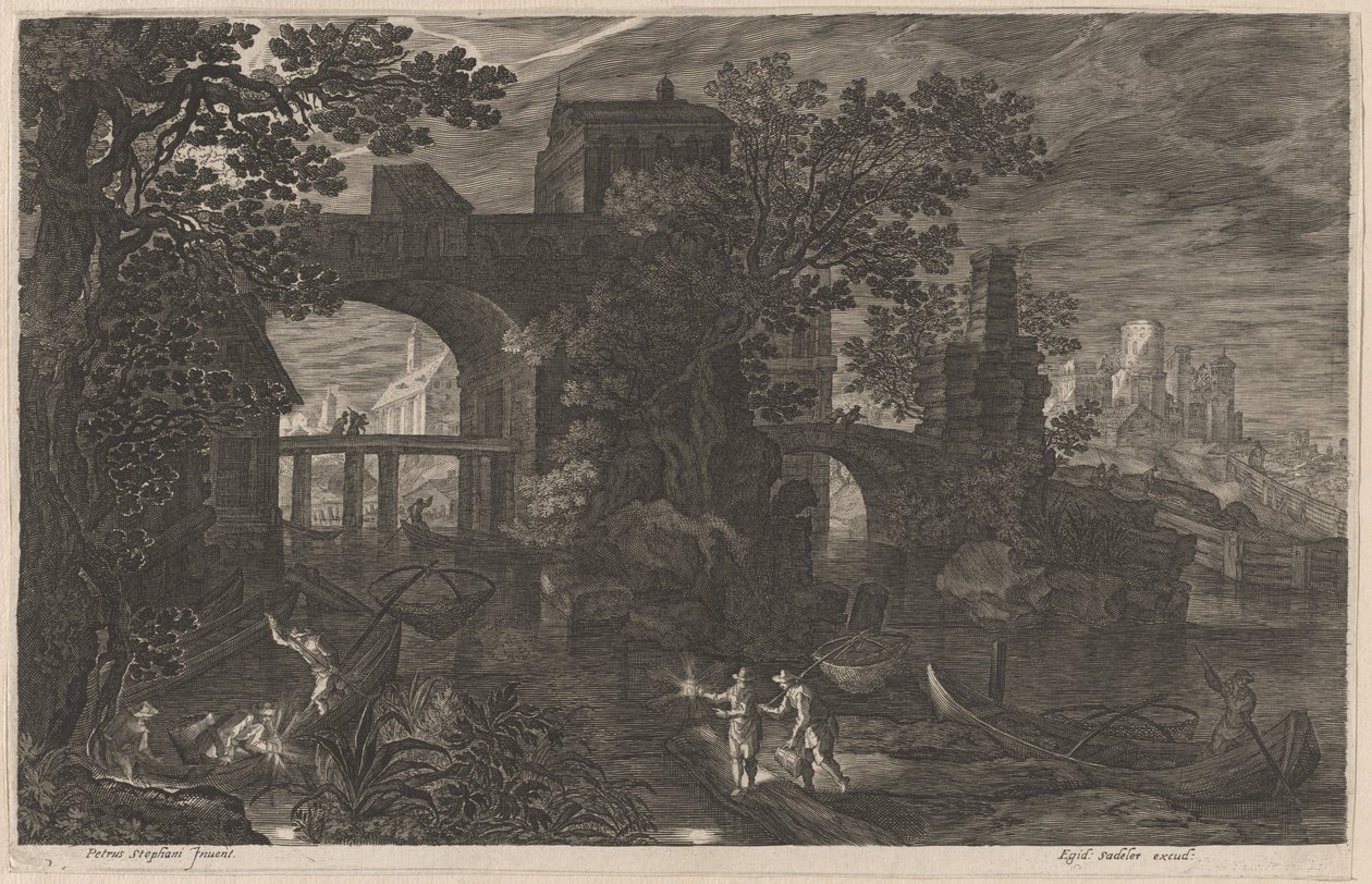 Natfiskeri nær befæstede broer af Aegidius Sadeler II after Pieter Stevens