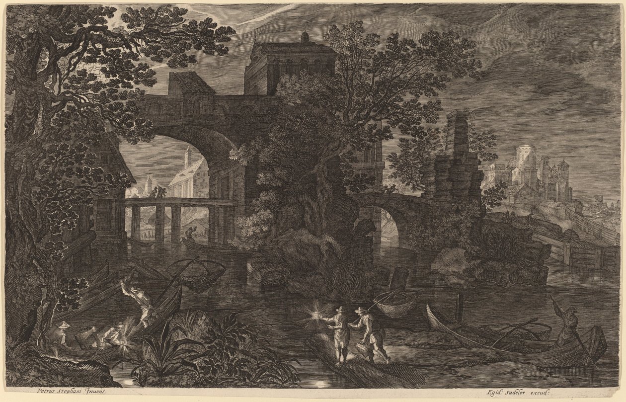 Natligt landskab med flodfiskere uden for bymurene af Aegidius Sadeler II after Pieter Stevens