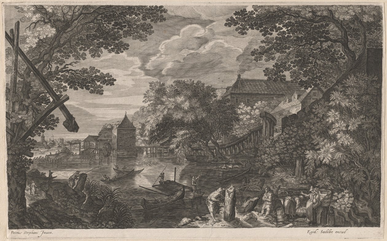 Flodlandskab med fiskere ved en befæstet by af Aegidius Sadeler II after Pieter Stevens