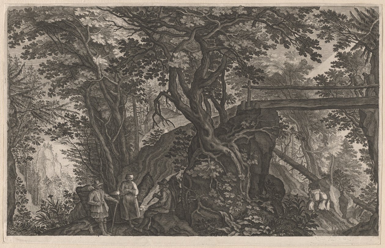 Rejsende hviler i en bjergskov ved en bjælkebro af Aegidius Sadeler II after Pieter Stevens