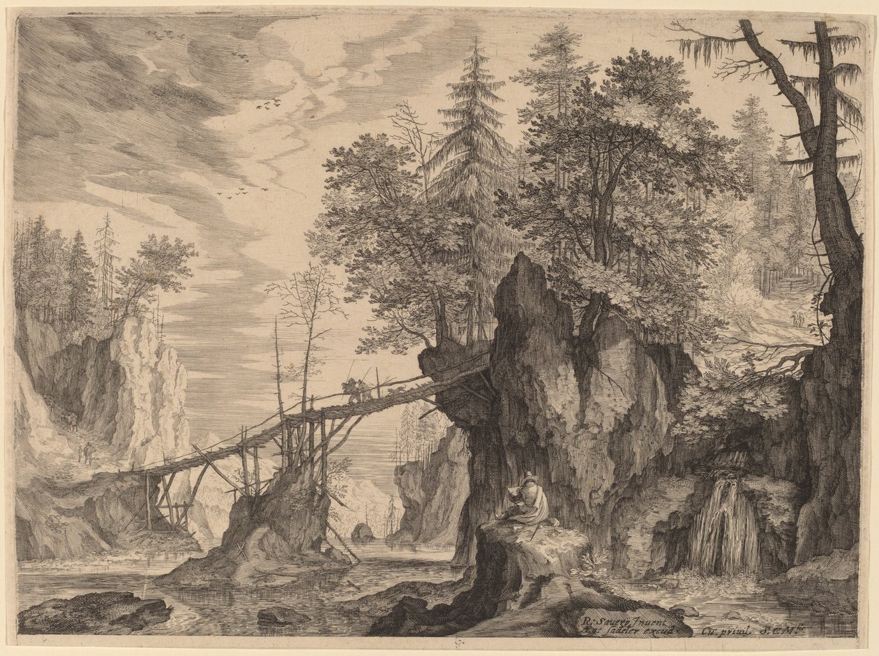 Tegner på en Sten før en Bro af Aegidius Sadeler II after Roelandt Savery