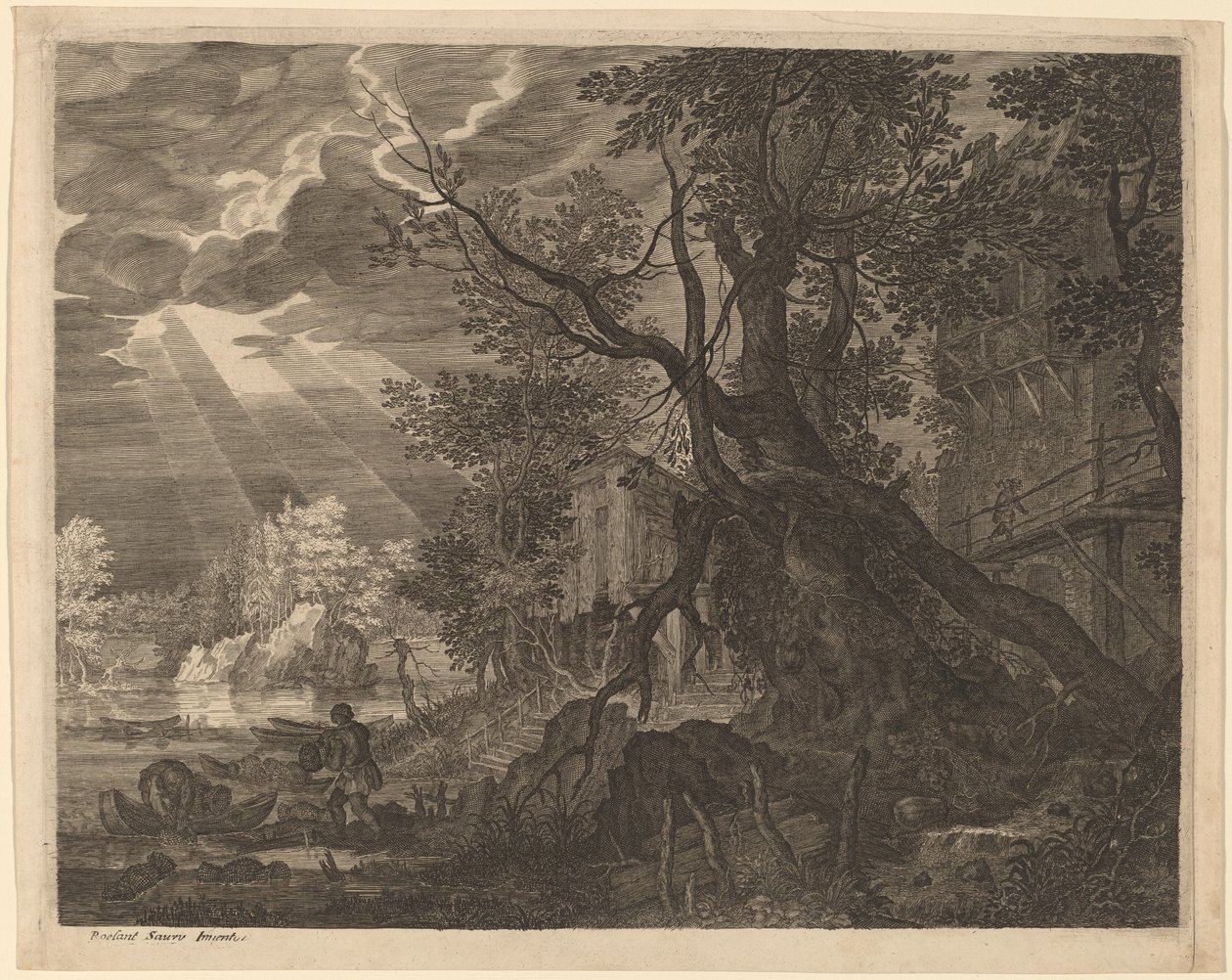 Landskab med mænd, der fisker ved måneskin af Aegidius Sadeler II after Roelandt Savery