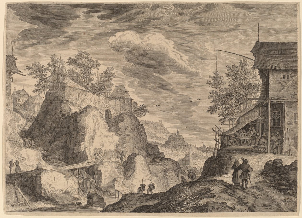 Landskab med en kro til højre og House on Rocks til venstre af Aegidius Sadeler II after Roelandt Savery