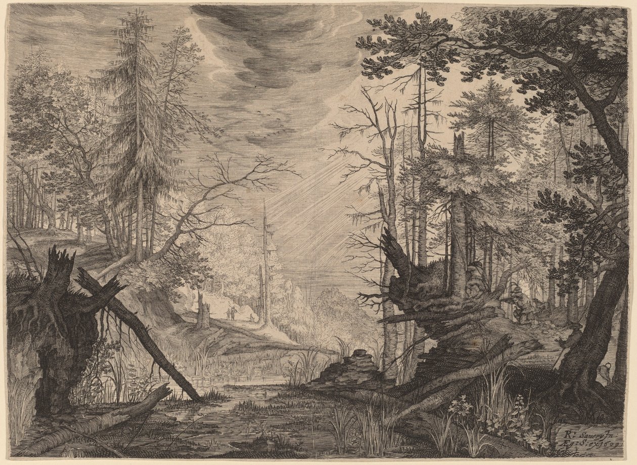 Tre jægere og to hunde nær en pool af Aegidius Sadeler II after Roelandt Savery