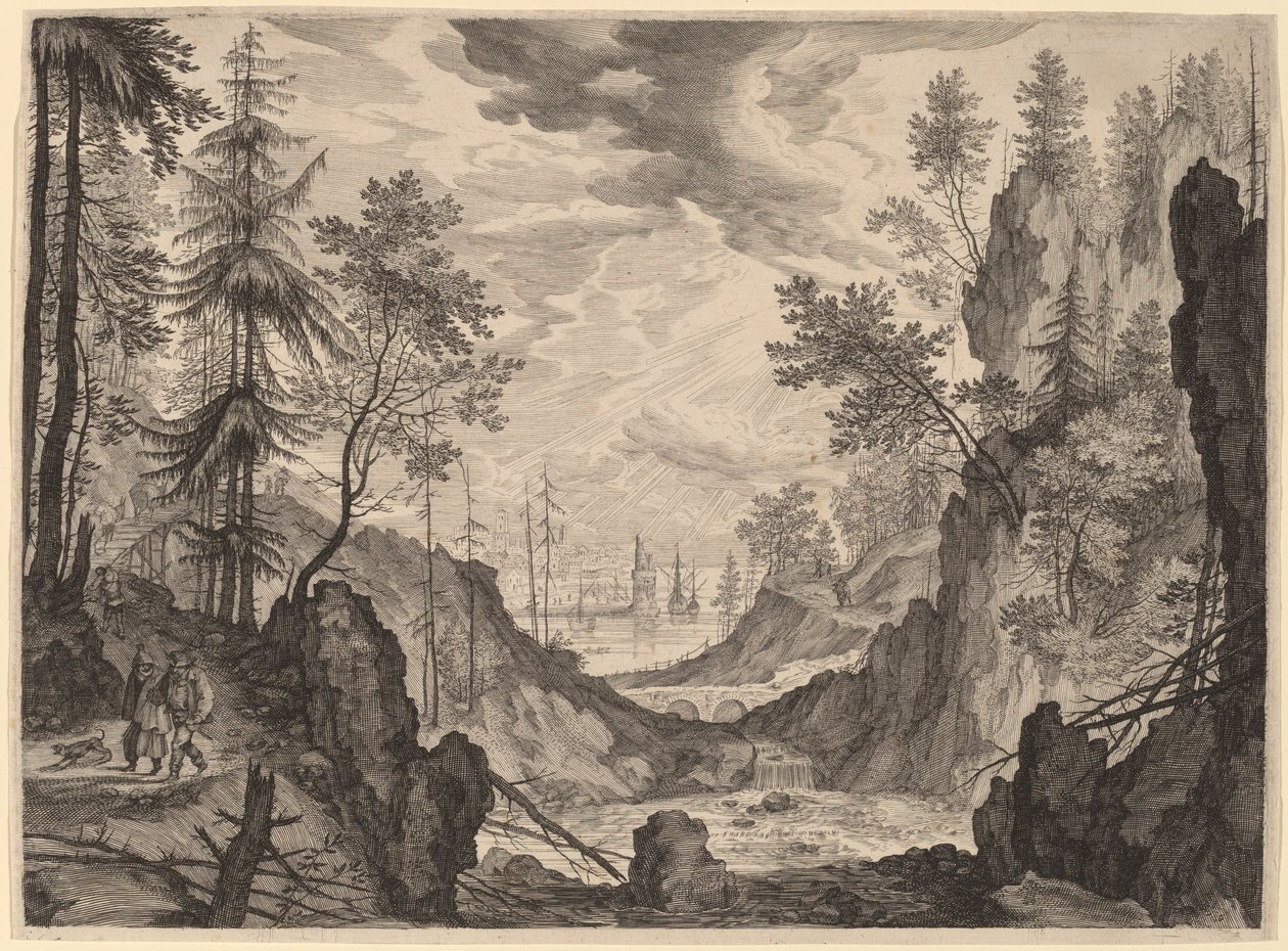 Skovscene med et vandfald af Aegidius Sadeler II after Roelandt Savery