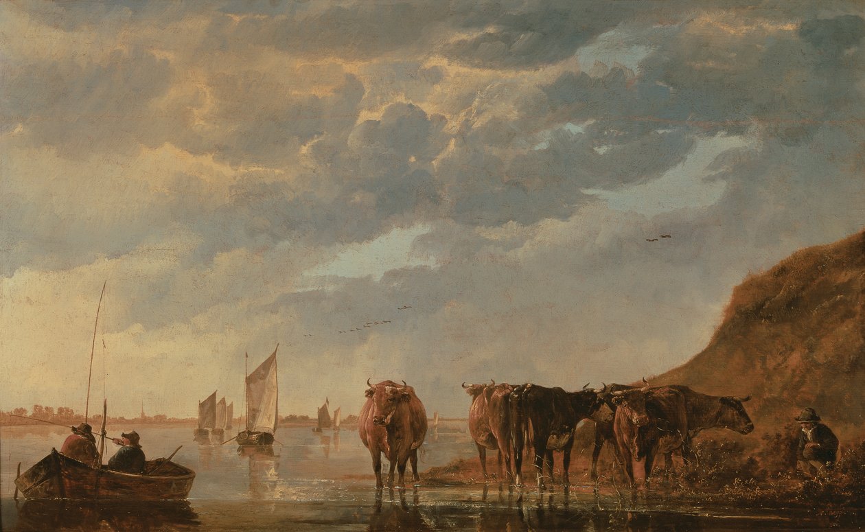 En hyrde med fem køer ved en flod, ca. 1650 (panel) af Aelbert Cuyp