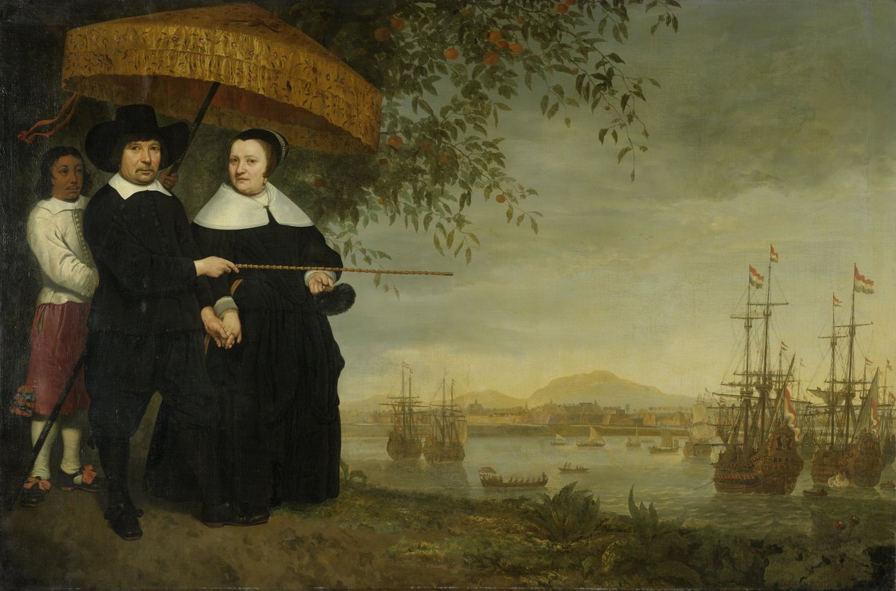 En højtstående købmand i det hollandske ostindiske kompagni Jacob Mathieusen og hans kone i Batavia, hvor det hollandske ostindiske kompagnis skibe forbereder sig på at sejle hjem ca. 1640-60 af Aelbert Cuyp