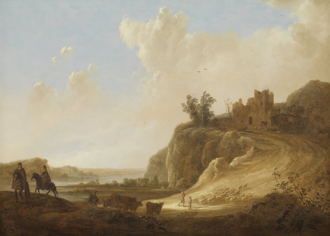 Bjergrige landskaber med slotsruiner af Aelbert Cuyp