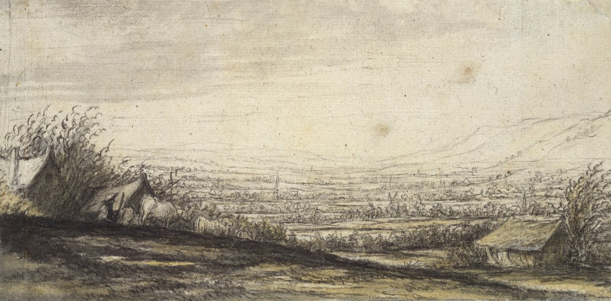 Omfattende landskab med hytte og kvæg (sort kridt, grå og gul vask) af Aelbert Cuyp