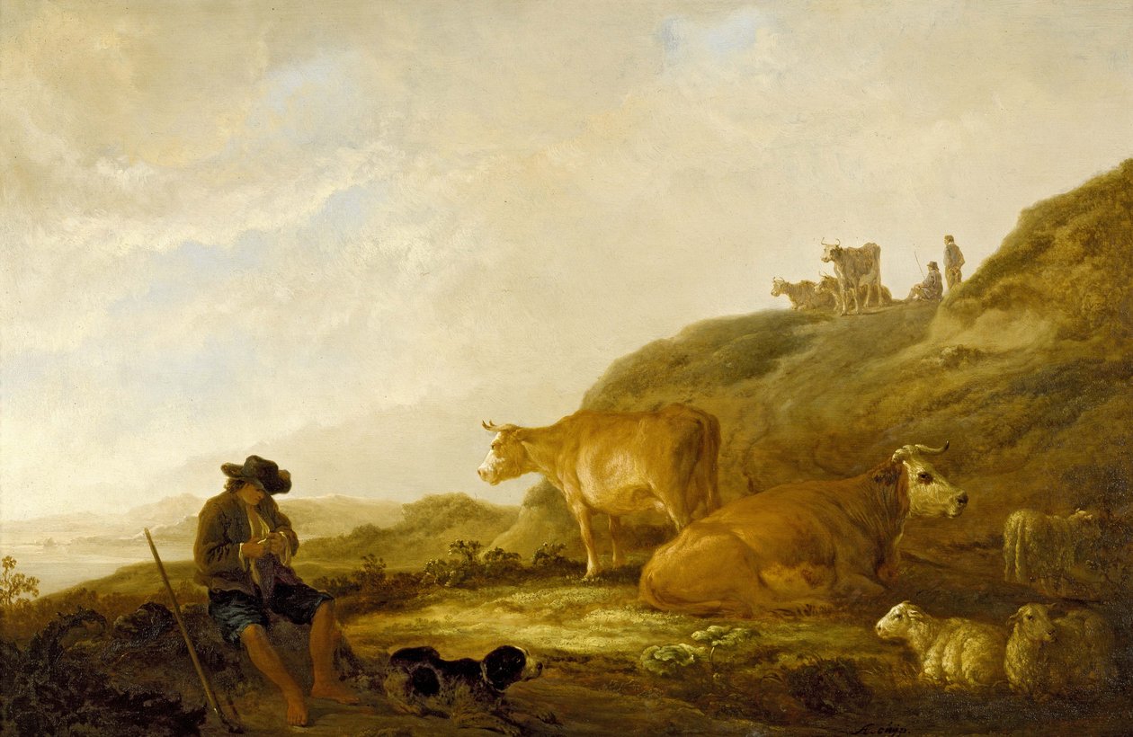 Siddende hyrde med køer og får i en eng, 1644 (olie på egetræspanel) af Aelbert Cuyp