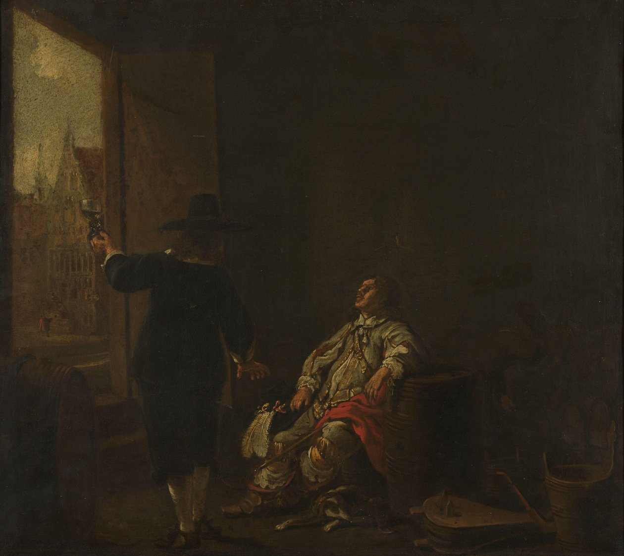 Skilt til en vinbutik med at smage på vinen på den ene side og at fade vinen på den anden af Aelbert Cuyp (circle of)