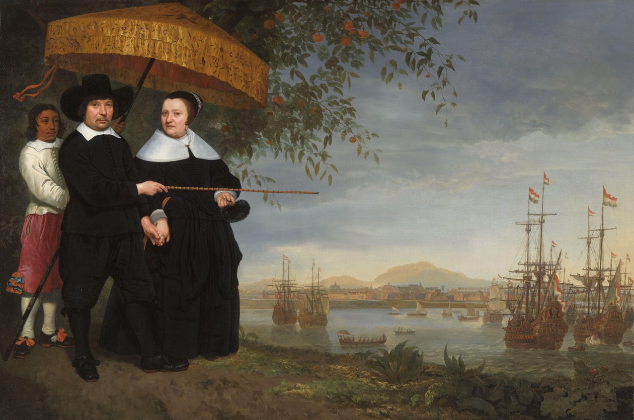 VOC Senior Købmand med sin Hustru og en Træltjener af Aelbert Cuyp (circle of)