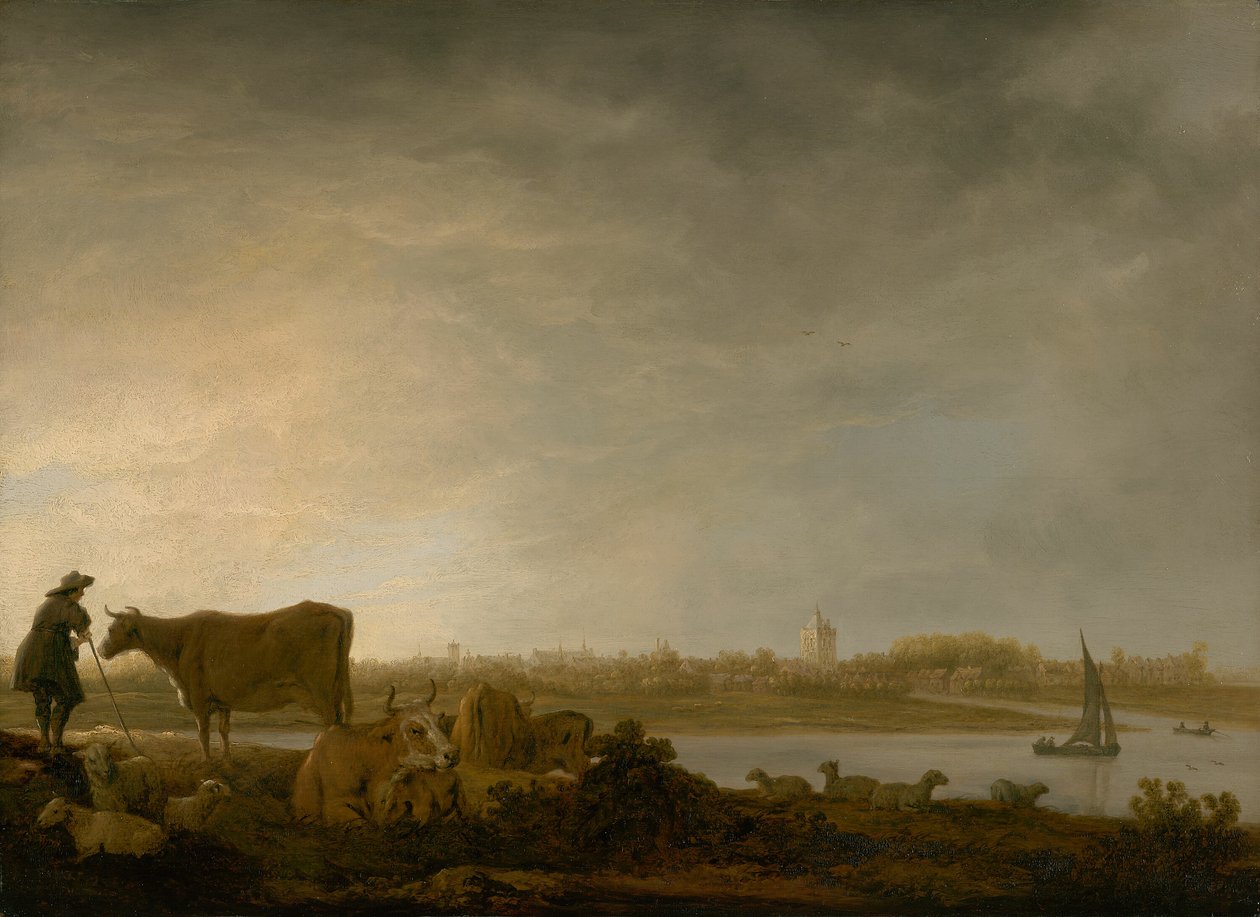 Udsigt over Vianen med en hyrde og kvæg ved en flod af Aelbert Cuyp